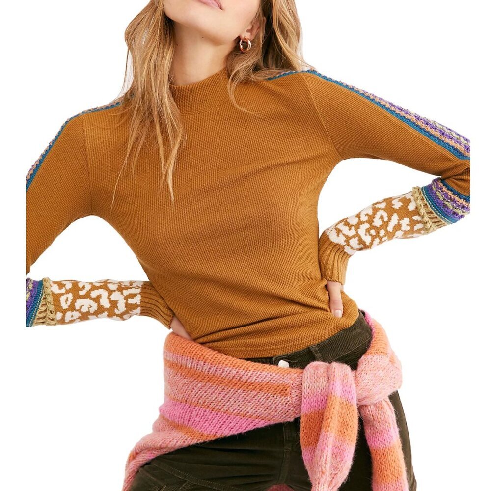 Free People Switch It Up Thermal Top in Burnt Orange / Crochet Sleeve X-Small